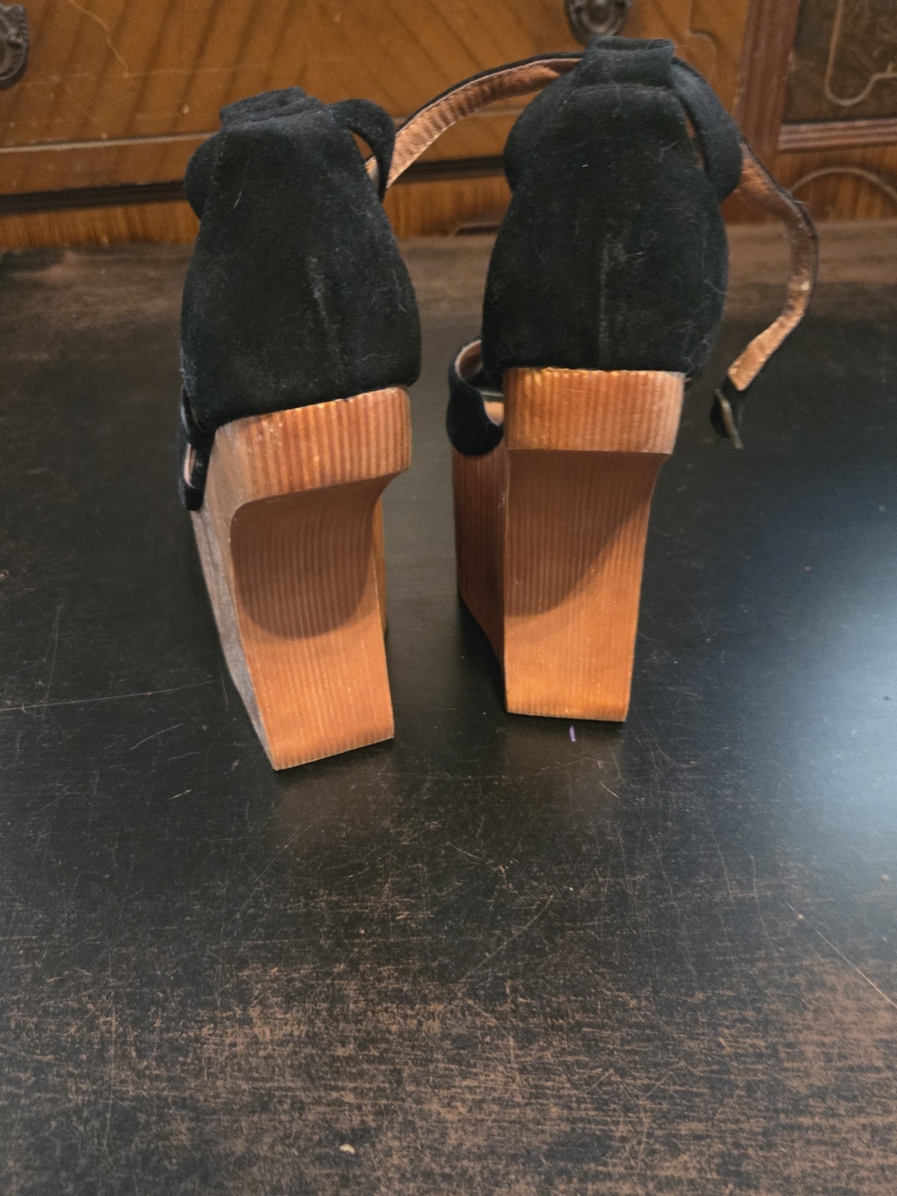 Jeffery Campbell Black Suede Platform Sandals with Wood Invisible Wedge Size 9 - Picture 3 of 7